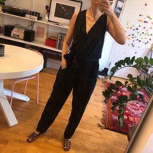 100% Silk Jumpsuit with deep v neck, elastic waist